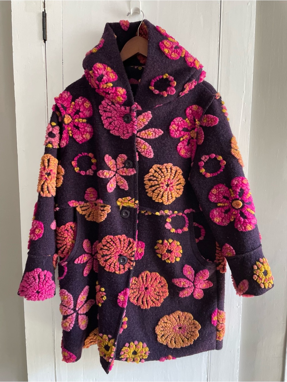 Made In Italy 3D Textured Floral Bobble Knit Felted Appliqués Hooded Coat NWT